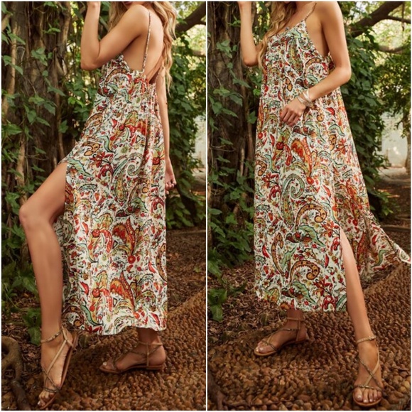024 Boho Paisley Print Open Back Cami Flowy Dress - Picture 2 of 3